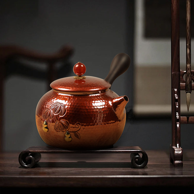 Hervidor de cobre tallado a mano con asa lateral, hervidor pequeño, hervidor individual para el hogar, tetera hirviendo, juego de té espesado