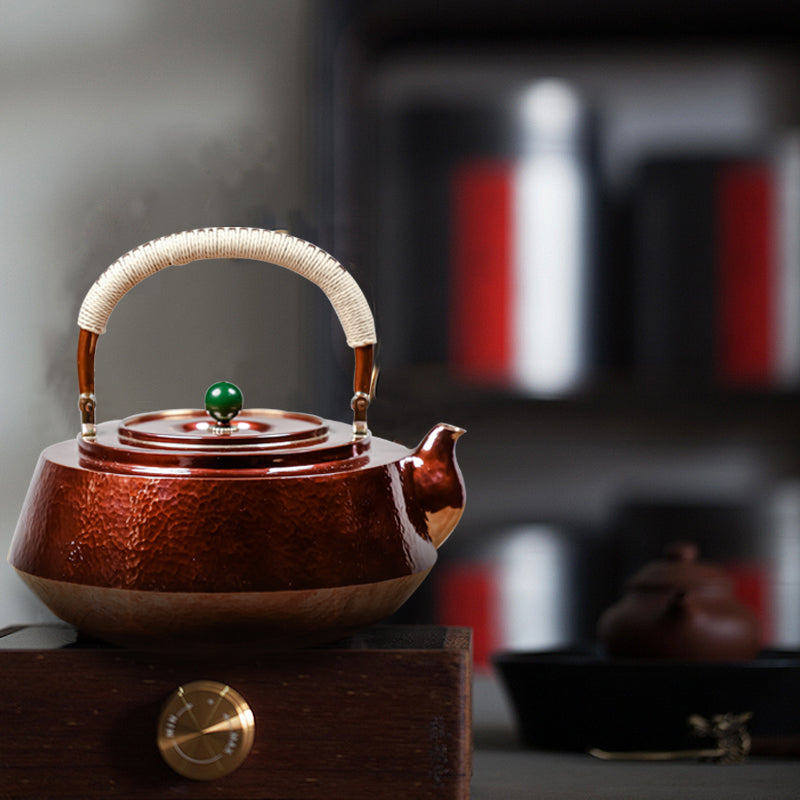 Hervidor de agua de cobre rojo pulido de 1 l con patrón martillado hecho a mano, estilo chino vintage