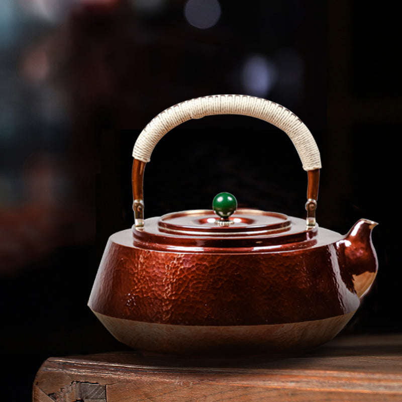 Hervidor de agua de cobre rojo pulido de 1 l con patrón martillado hecho a mano, estilo chino vintage