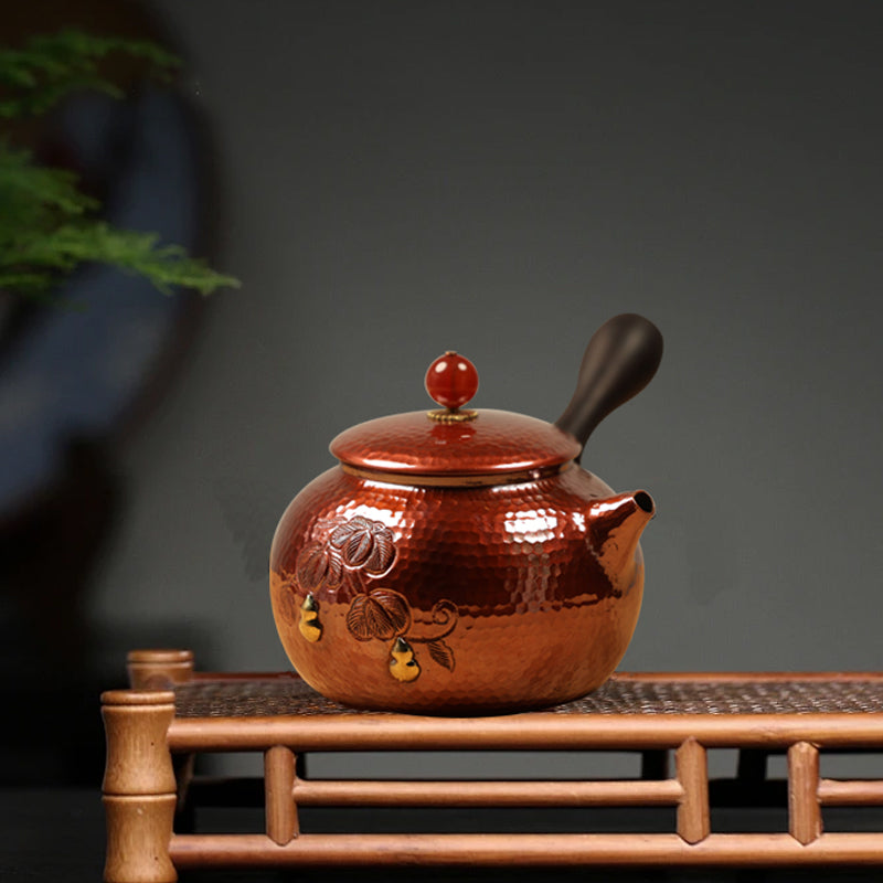 Hervidor de cobre tallado a mano con asa lateral, hervidor pequeño, hervidor individual para el hogar, tetera hirviendo, juego de té espesado
