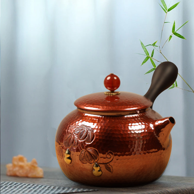 Hervidor de cobre tallado a mano con asa lateral, hervidor pequeño, hervidor individual para el hogar, tetera hirviendo, juego de té espesado