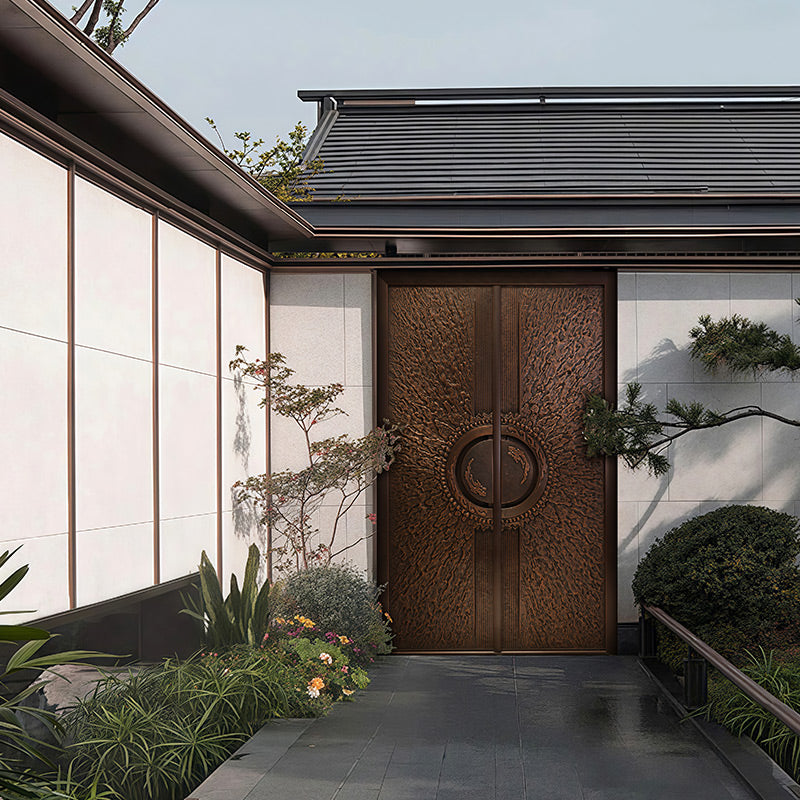 Exterior Doors Luxurious Copper Double Door with Art Deco for Villas Entry Door The sun shines brightly