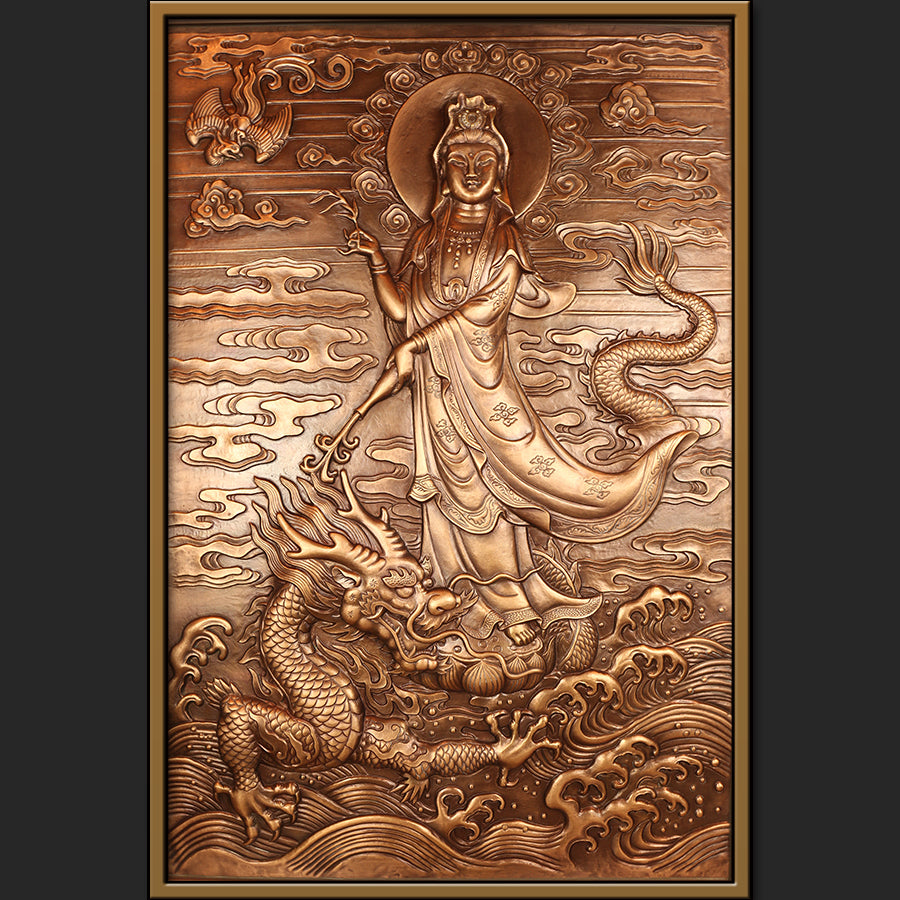 Plaque en cuivre traditionnelle chinoise représentant la déesse mythique Guanyin Bodhisattva