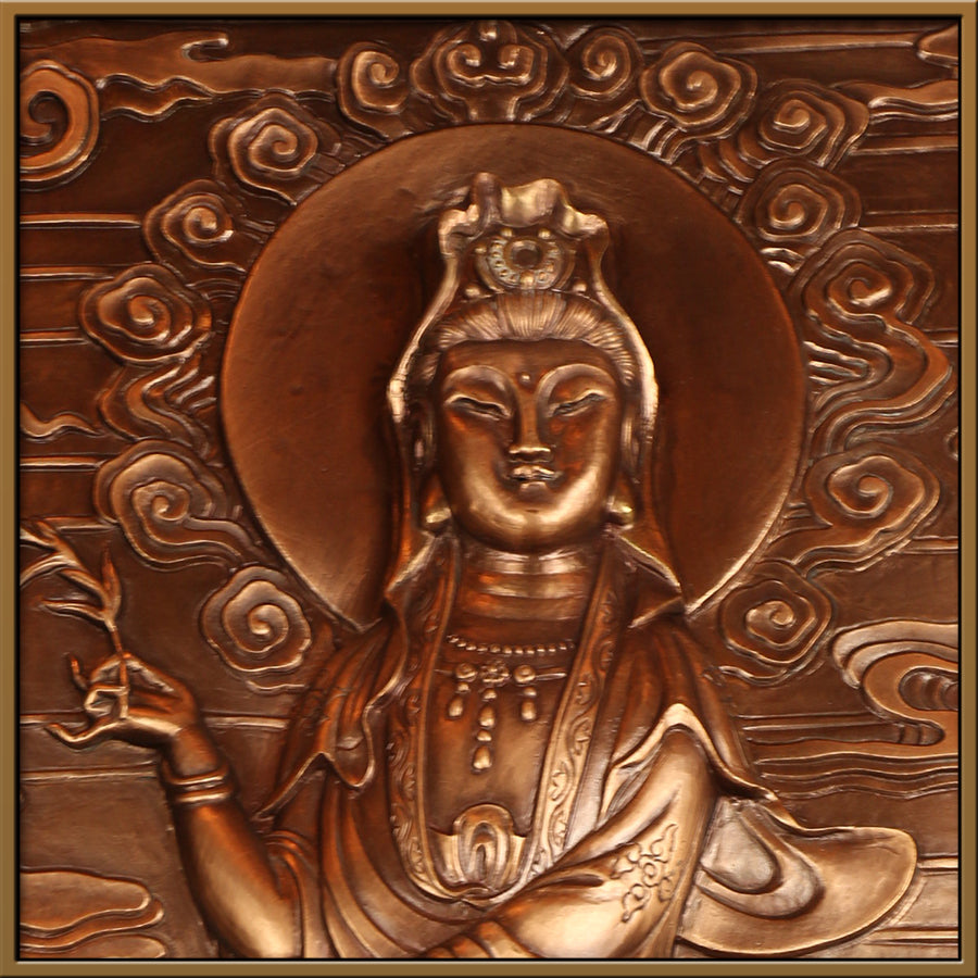 Plaque en cuivre traditionnelle chinoise représentant la déesse mythique Guanyin Bodhisattva