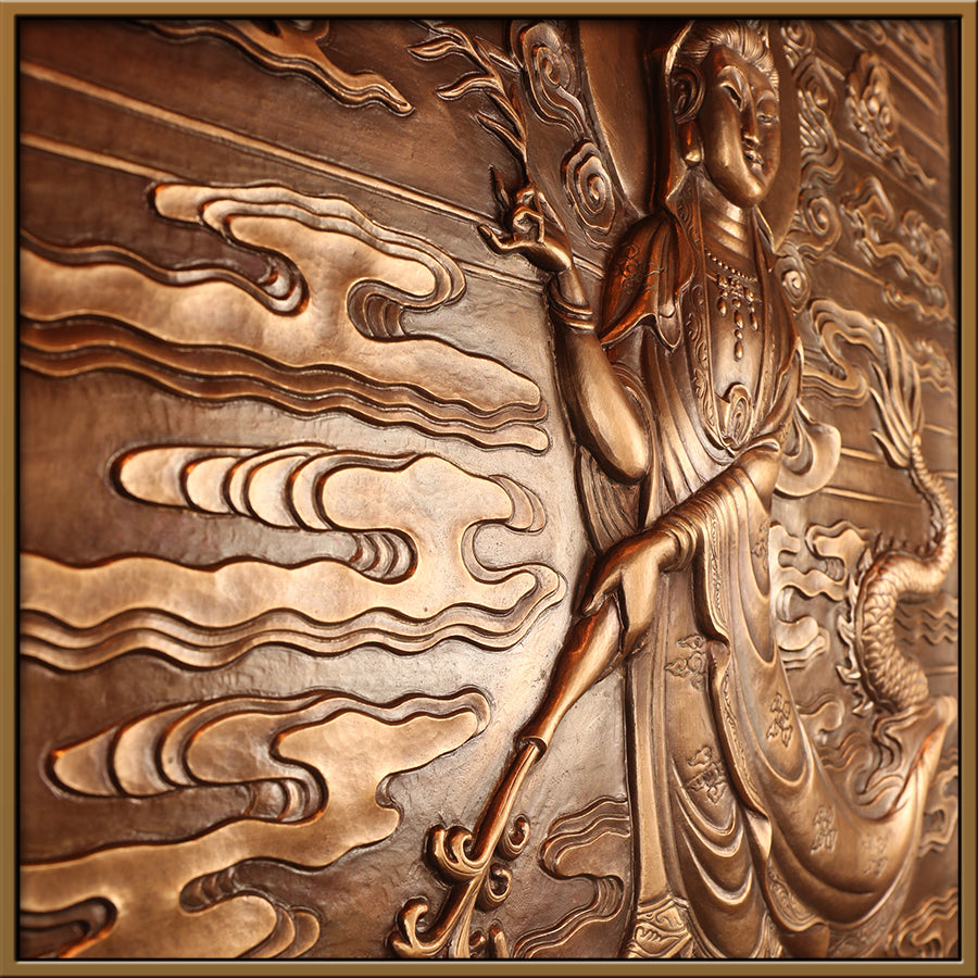 Plaque en cuivre traditionnelle chinoise représentant la déesse mythique Guanyin Bodhisattva