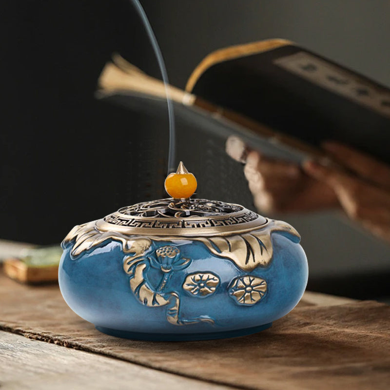 Green lotus flower eye burning blue large incense burner